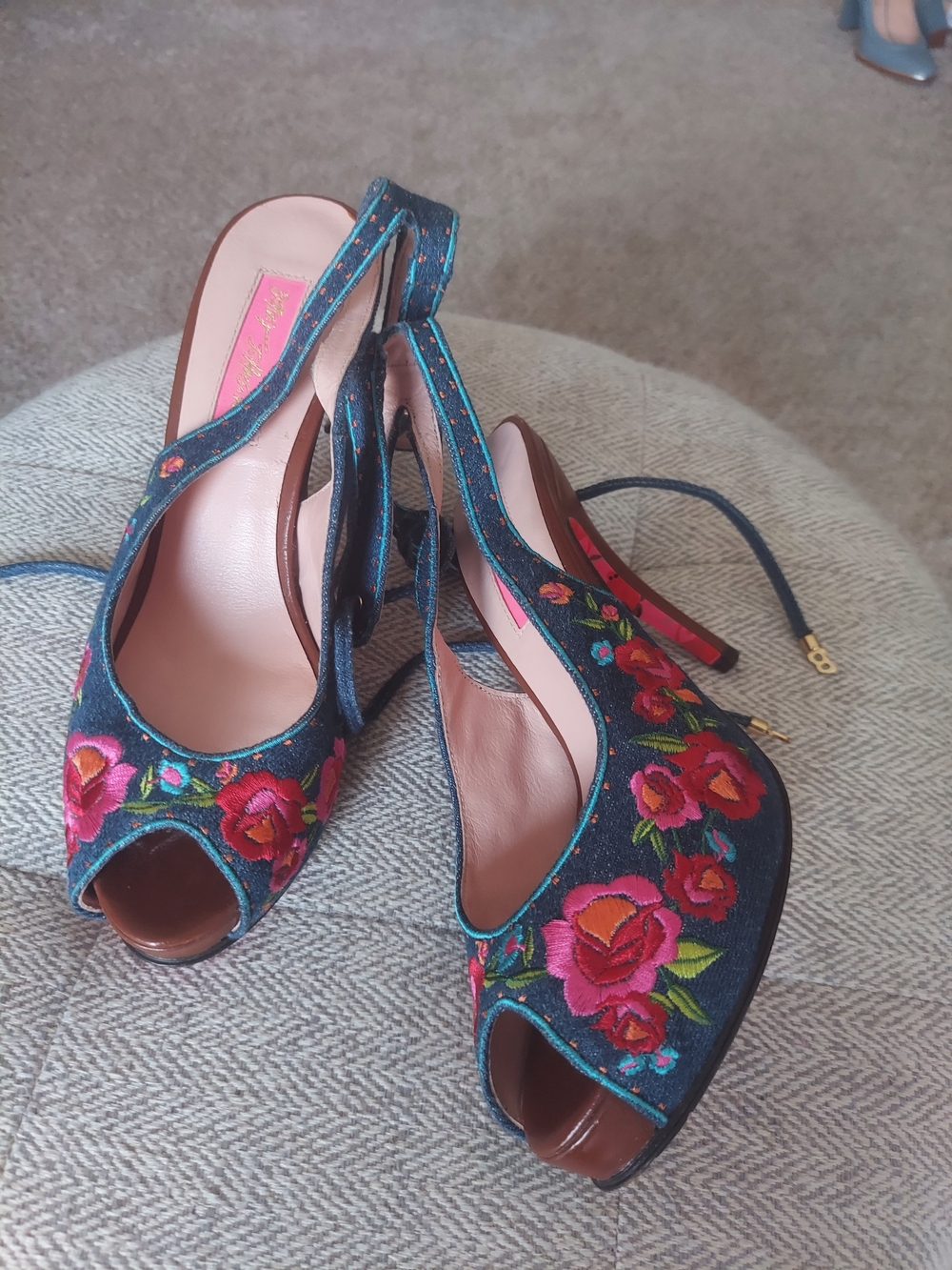 Betsey Johnson Dark Blue Floral Embroidered Peep-Toe Slingback Heels - Picture 2 of 3
